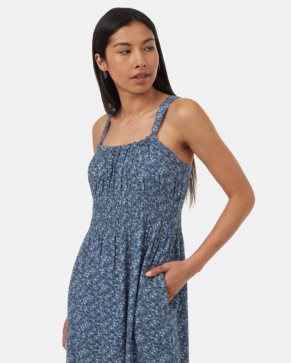 Tentree Women s EcoWoven Crepe Smocked Dress Size L Canyon Blue Flourish Floral