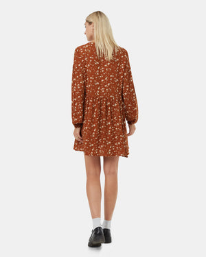 Brown-Crepe-Blouson-Knee-Length-Long-Sleeve-Dress