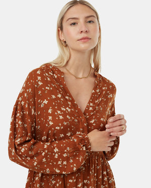 Brown-Crepe-Blouson-Knee-Length-Long-Sleeve-Dress