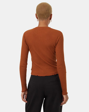 Brown-High-Crew-Neck-Ribbed-Long-Sleeve-Top