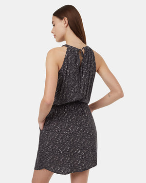 Grey-Knee-Length-Patterned-Crepe-Halter-Dress