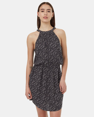 Grey-Knee-Length-Patterned-Crepe-Halter-Dress