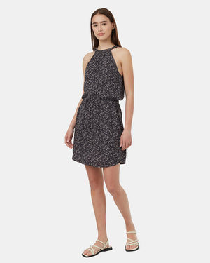 Grey-Knee-Length-Patterned-Crepe-Halter-Dress