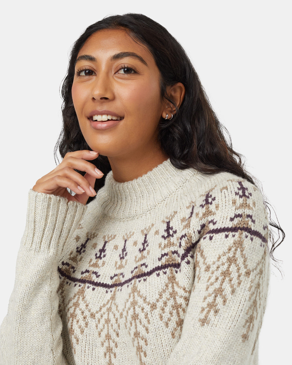 tentree Highline Intarsia Wool Sweater Women s M Pale Oak Heather Fossil Heather Midnight Plum