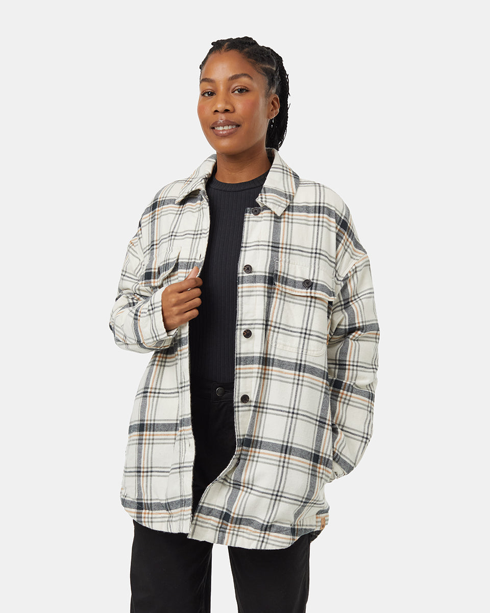 tentree Kapok Flannel Insulated Shacket Womens Vintage White Mineral Window Plaid XS