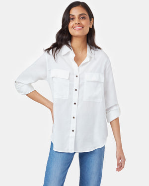 White Women's Tencel Long Sleeve Button Up